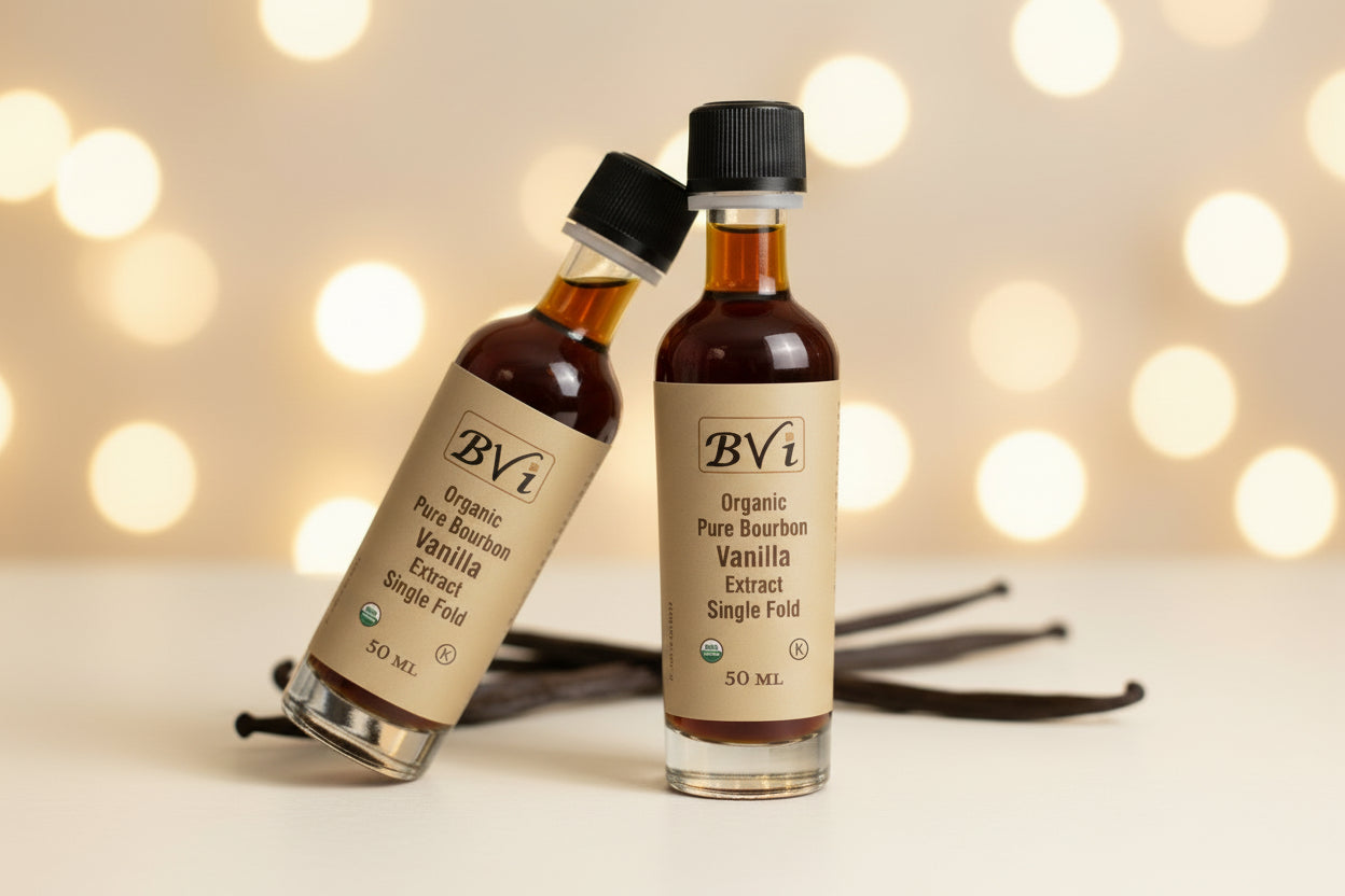 A bottle of Organic Pure Bourbon Vanilla Extract by BVi, containing 50 ml of liquid.