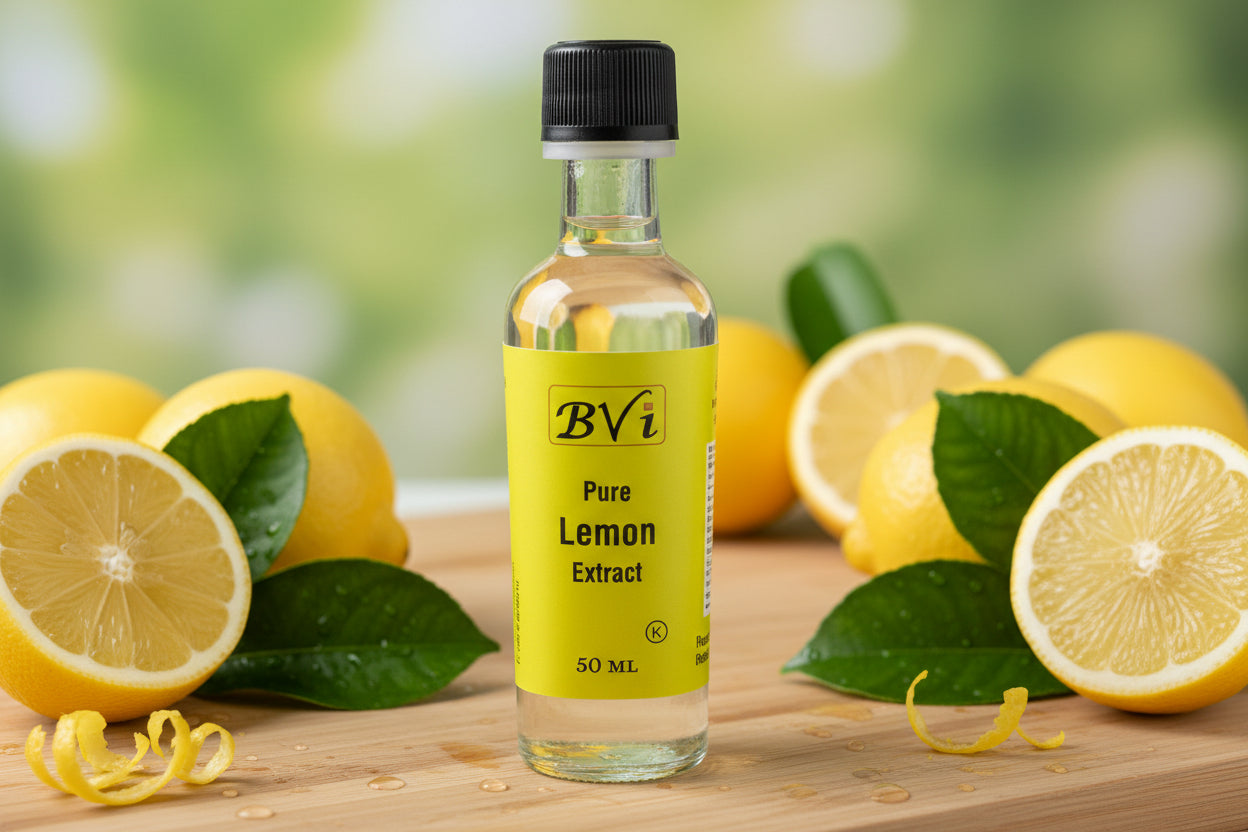 Bottle of BVi Pure Lemon Extract surrounded by lemons on a wooden surface with a blurred green background.