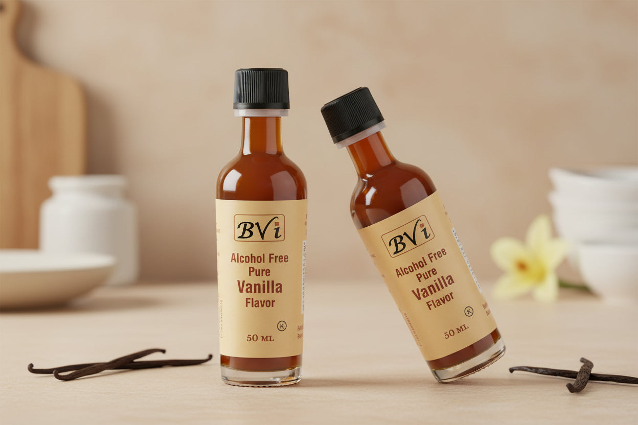 A 50 ml bottle of BVI alcohol-free pure vanilla flavor.