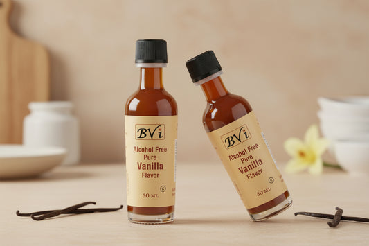 A 50 ml bottle of BVI alcohol-free pure vanilla flavor.