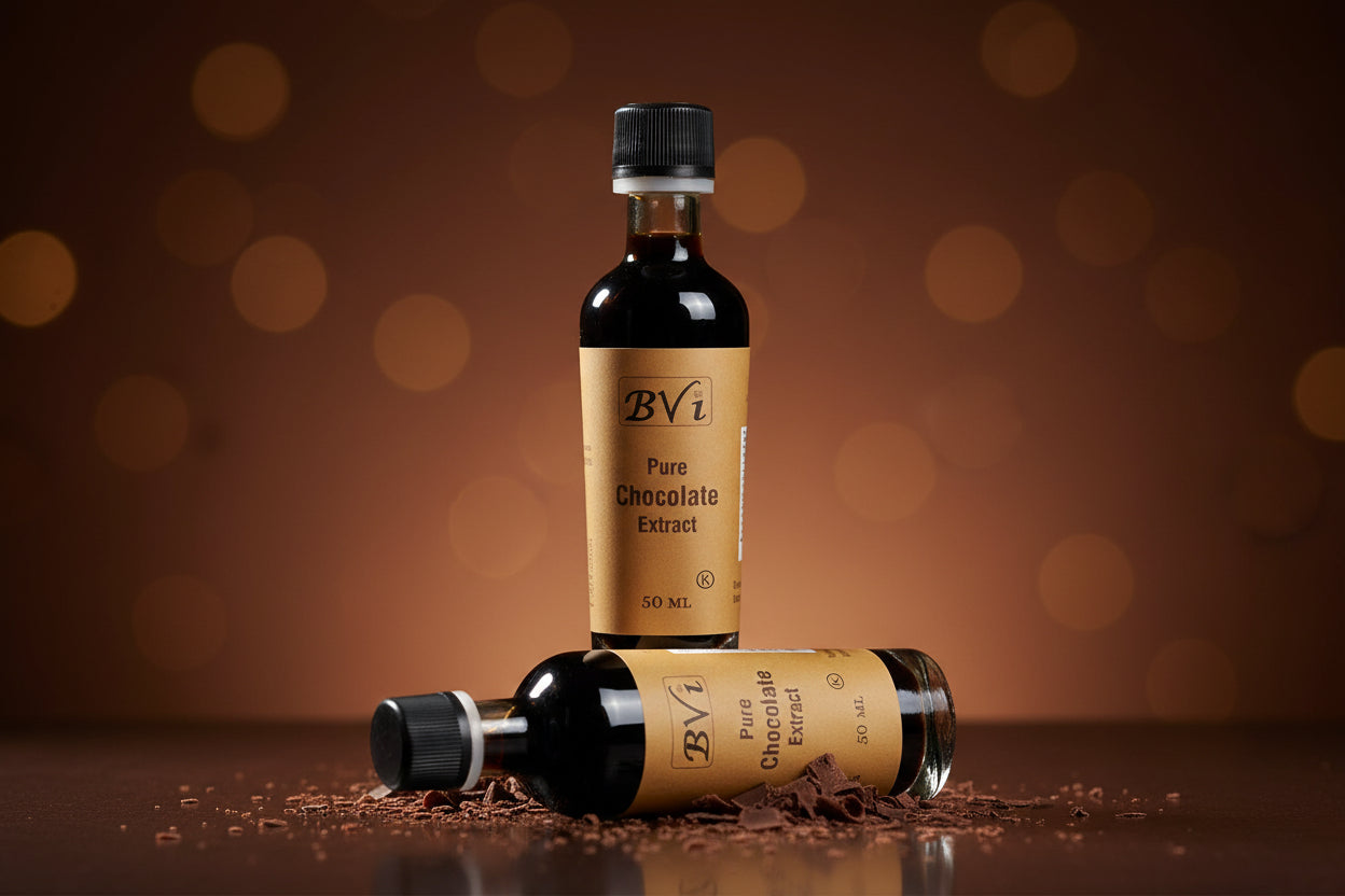 A 50ml bottle of BVI Pure Chocolate Extract with a label that includes the product name and volume.