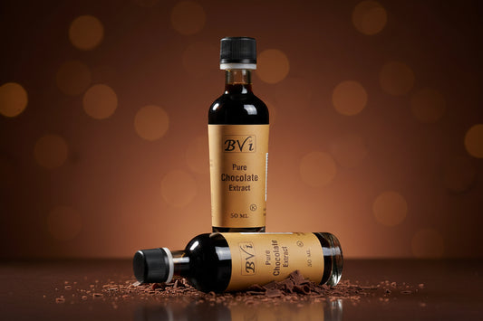 A 50ml bottle of BVI Pure Chocolate Extract with a label that includes the product name and volume.