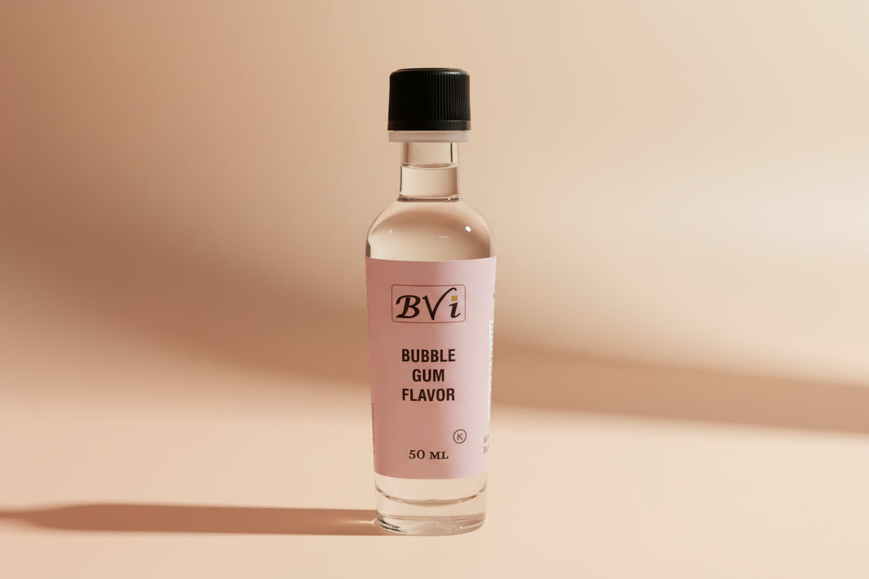 Bottle of bubble gum flavor liquid with a pink label on a white background