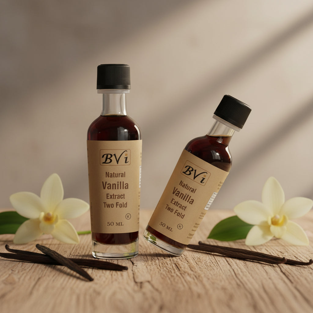 Two bottles of BVi Natural Vanilla Extract Two Fold on a wooden surface with vanilla flowers and pods.