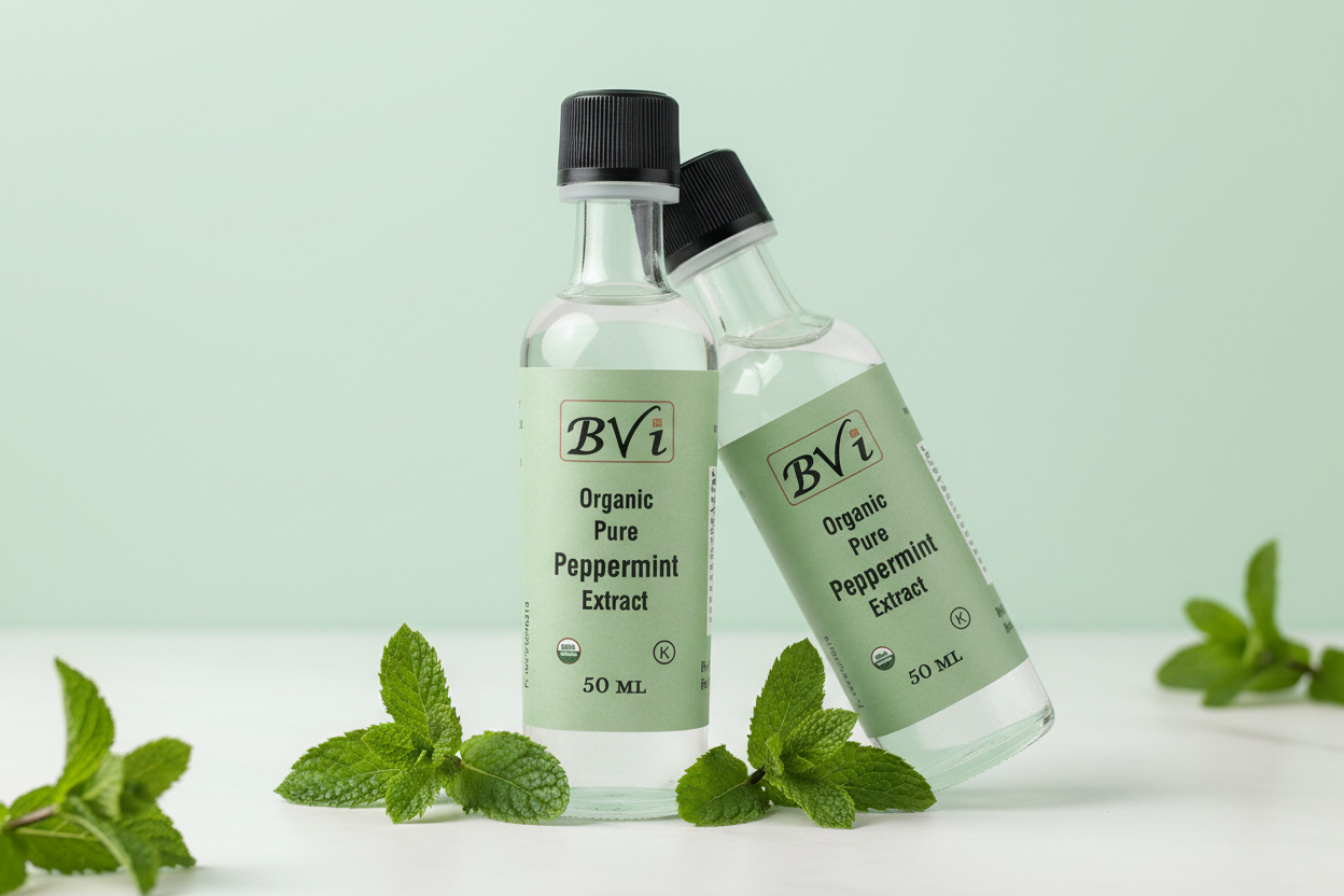 A bottle of Organic Pure Peppermint Extract by BVi, containing 50ml of liquid.