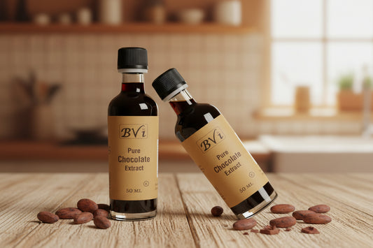 A bottle of Special pure chocolate extract 50 ml with a brown label, placed against a white background.