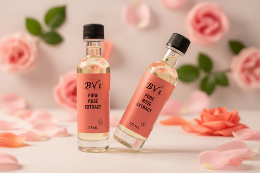 A bottle of Pure Rose Extract by BVI, 50ml size, with a black cap on a white background.