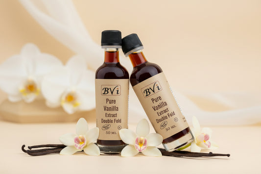 A 50ml bottle of BVI Pure Vanilla Extract Double Fold with a label indicating the product details on a white background.
