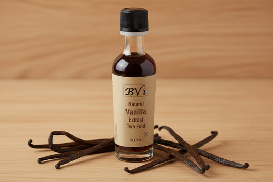 A bottle of Natural Vanilla Extract Double Fold by BVi, containing 50ml of liquid.