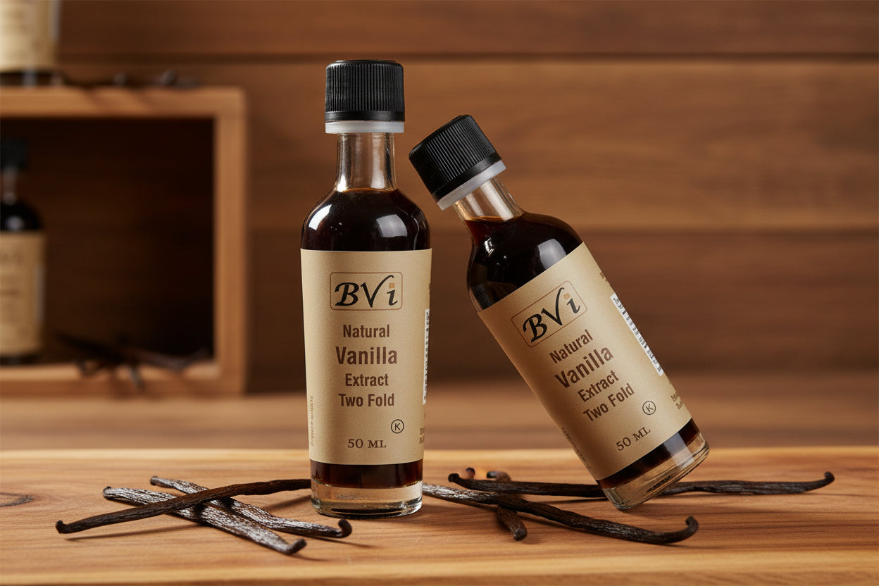Bottle of BVI Natural Vanilla Extract Two Fold on a white background