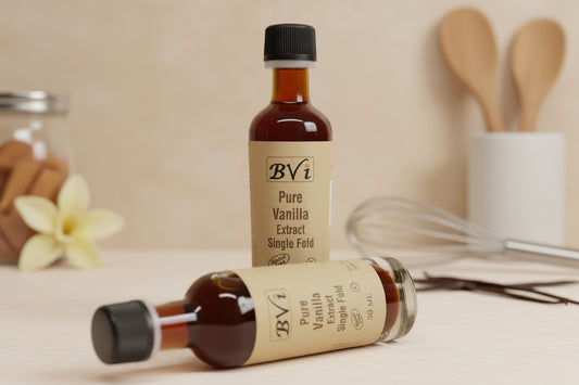 A bottle of BVi Pure Vanilla Extract with a label indicating it is a 50ml container.
