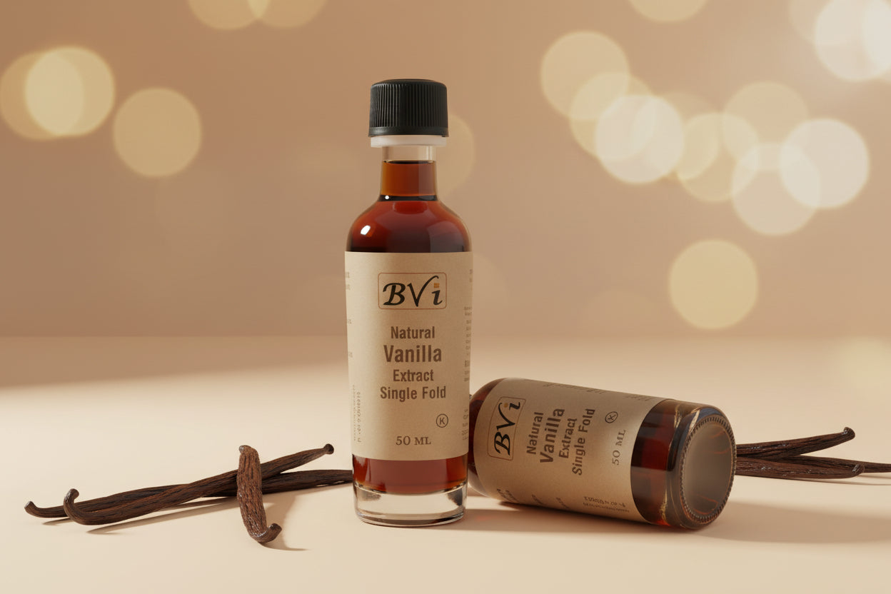 A 50 ml bottle of BVI Natural Vanilla Extract with a single fold,
