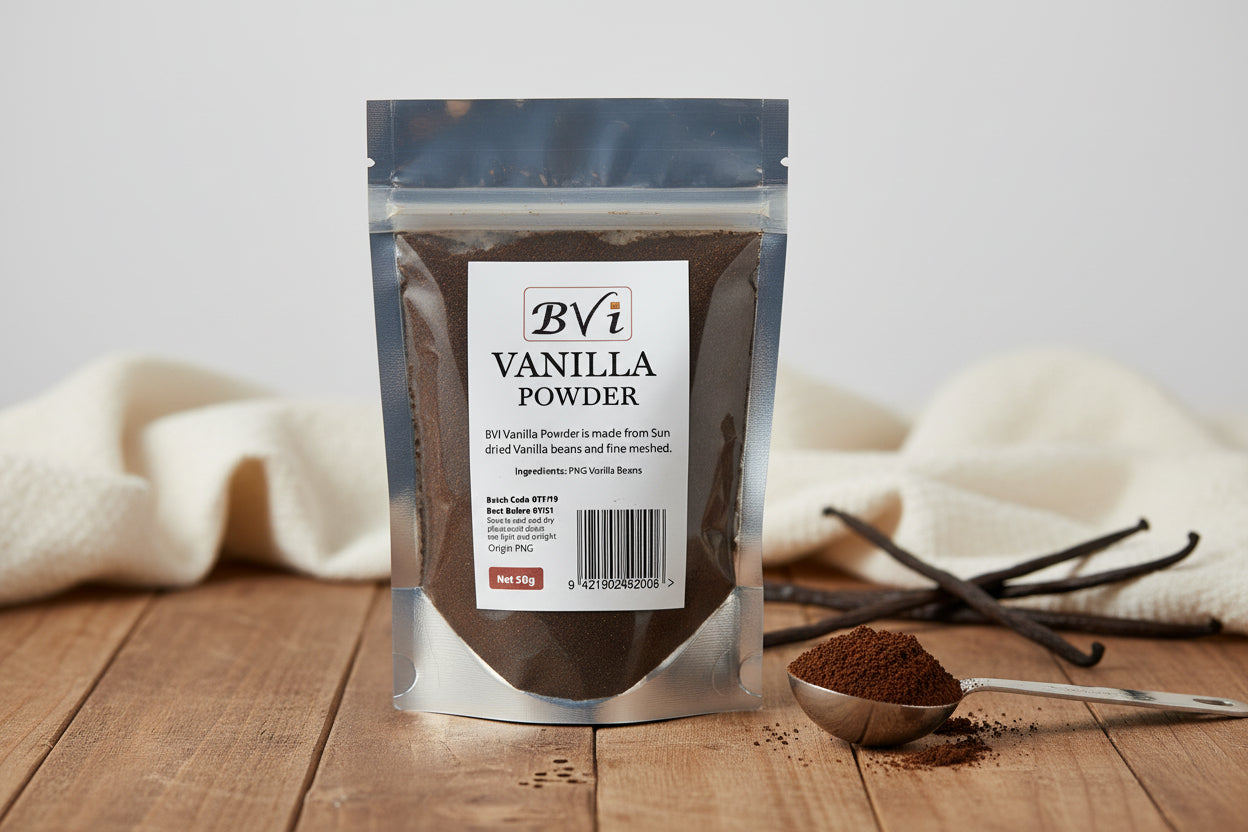 A sealed, silver-colored bag labeled 'BVI VANILLA POWDER' with a barcode and additional text on the label.