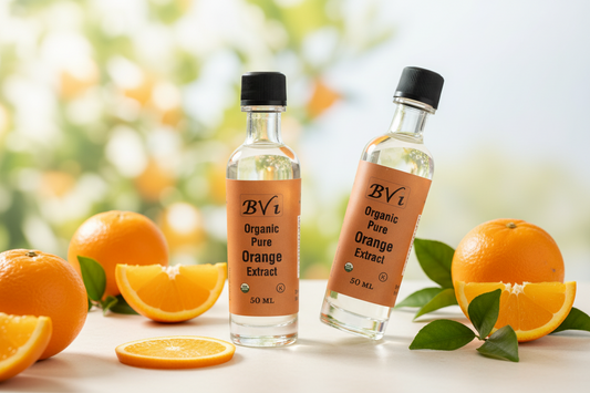 A bottle of BVI Organic Pure Orange Extract with a capacity of 50ml, labeled for flavor enhancement in cooking.