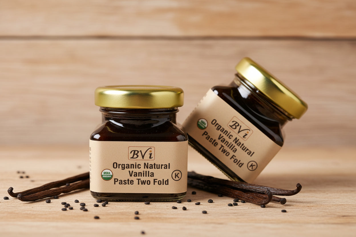 A jar of organic natural vanilla paste with seeds from BVi, with a label indicating it's kosher certified.